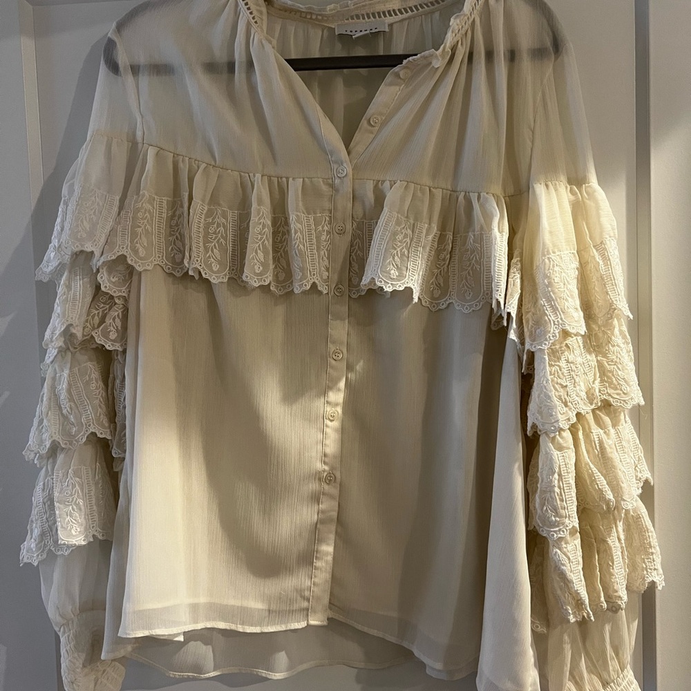 Topshop Cream Ruffled Long Sleeve Blouse